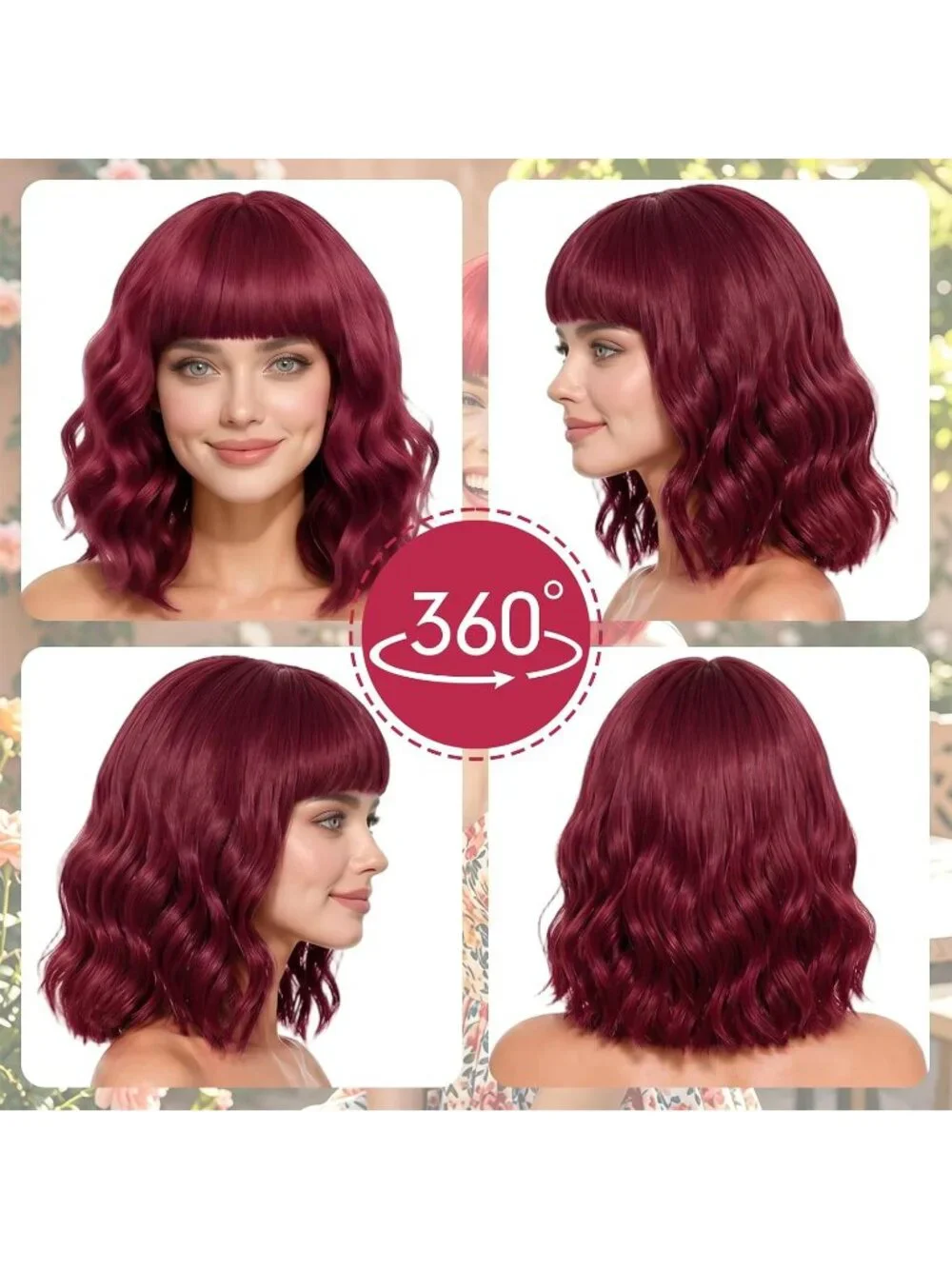 Women's Claret Curly Bob Synthetic Wigs Bangs With Neon Heart Sunglasses